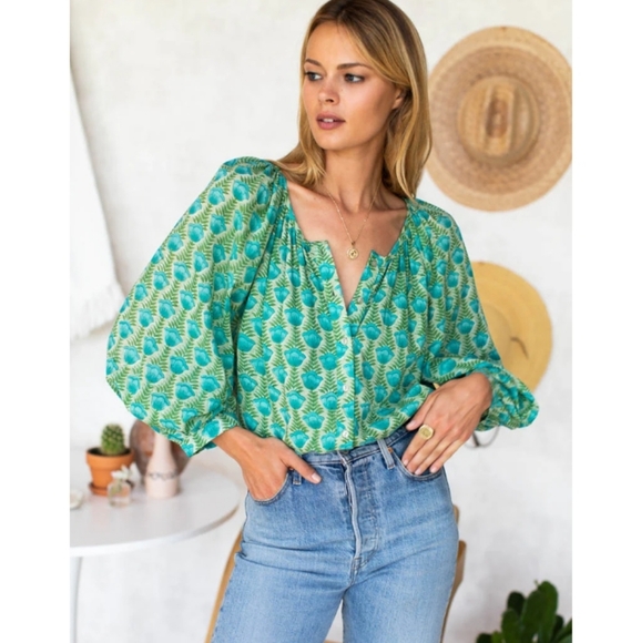 Emerson Fry India Collection Frances Blouse Organic Cotton Block Printed M - Picture 2 of 15